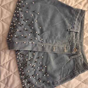 SHEIN Light Blue Jean Shorts with Pearl Embellishments